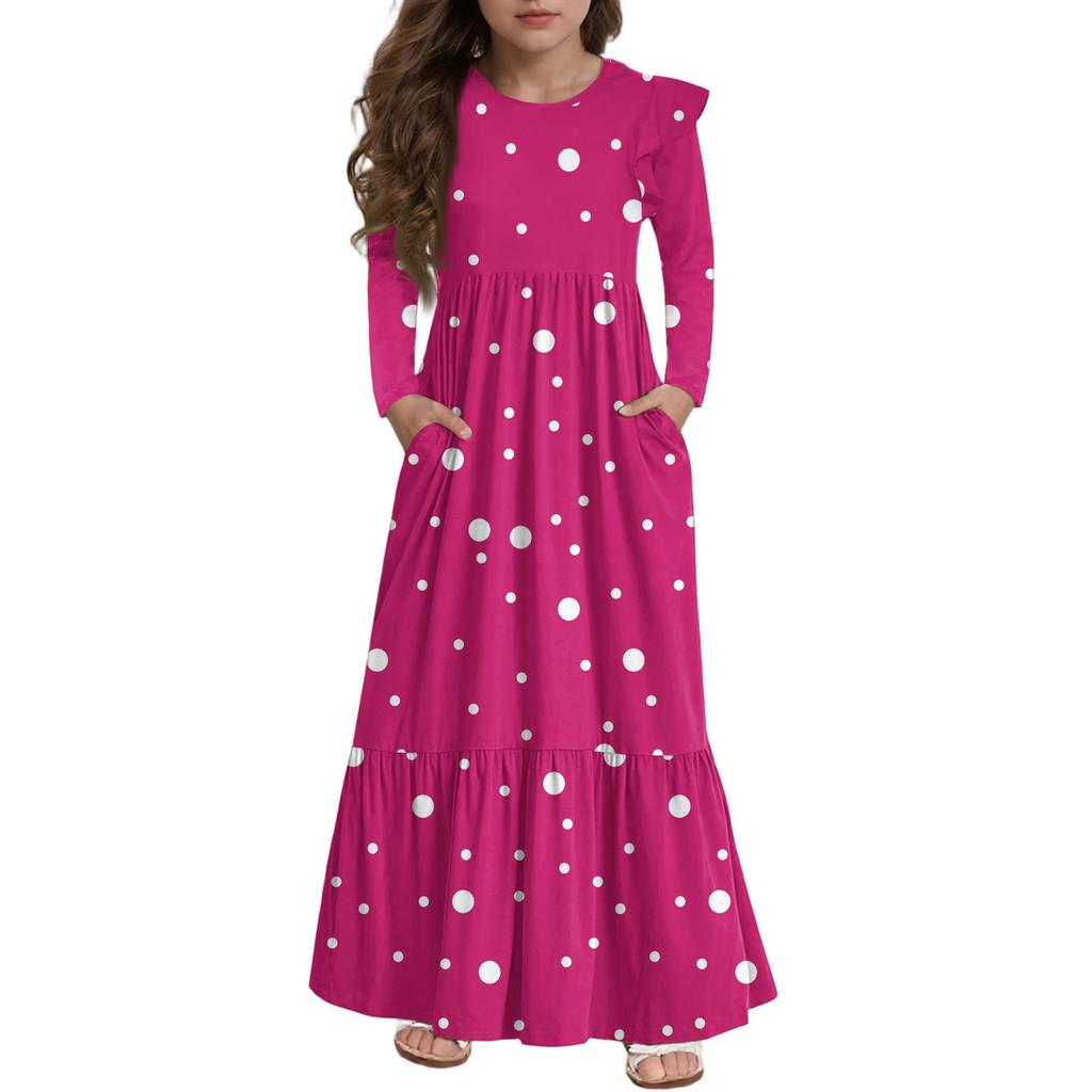 Girls' Tiered Ruffle Dress - Long Sleeve Printed Maxi With Pockets