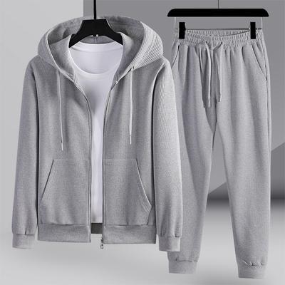 Модная мягкая мужская спортивная одежда для отдыха и фитнеса, удобная тенденция, студенческая одежда, вафельный уличный костюм из двух предметов, молодежный сплошной цвет