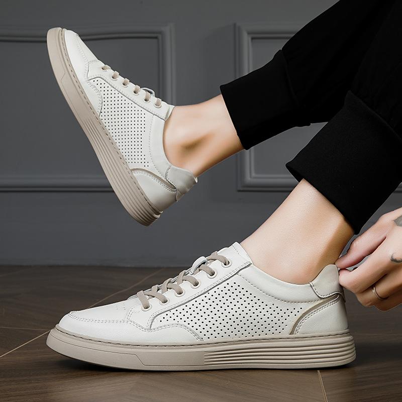 Мужская обувь Тонкая перфорированная обувь Спортивная и повседневная кожаная обувь Тренд натуральная коровья кожа толстая подошва дышащая полая обувь