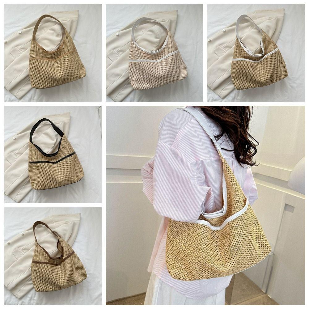 Khaki Straw Shoulder Bag Large Capacity Underarm Tote Bag Summer Woven Handbag Female