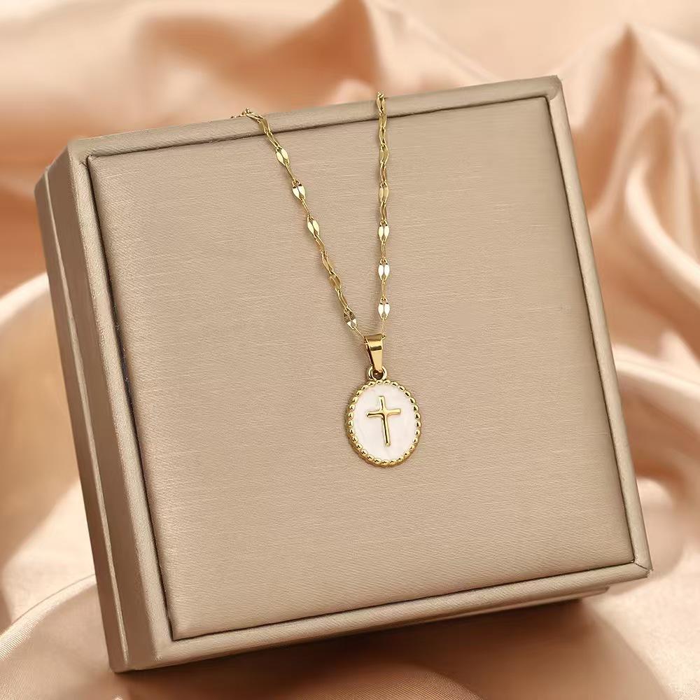 Gold Plated Enamel Cross Coin Pendant Necklace Dainty Christian Jewelry for Women