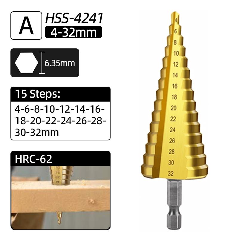 HSS Титановое ступенчатое сверло Кобальтовое 4-32мм Спиральная Прямая канавка 1/4 Шестигранник Дерево Металл Резак для отверстий Коническое ступенчатое сверло Конусные инструменты