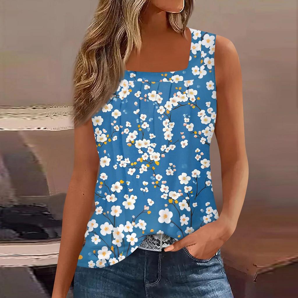 Square Collar Tank Top Women Print Tank Tee Casual Loose Fit Sleeveless Shirt