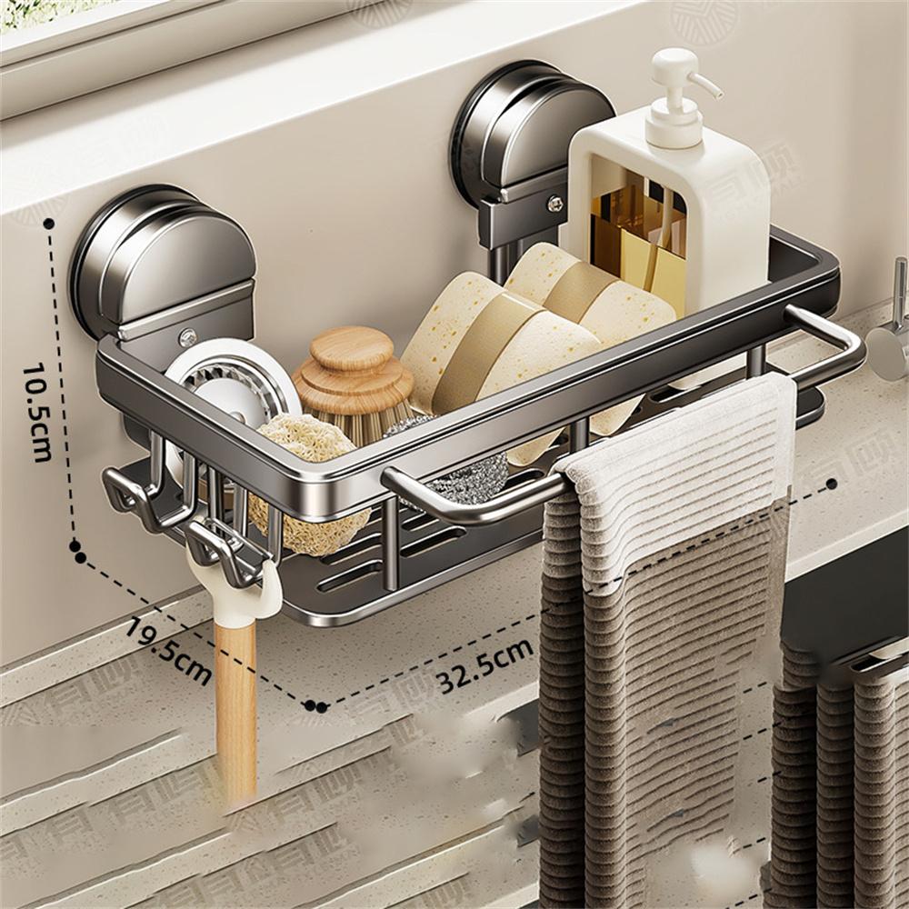 Kitchen Sink Organizer Suction Cup Space Aluminum Dish Sponge Holder Draining Rack with Hanging Rod+2 Hooks