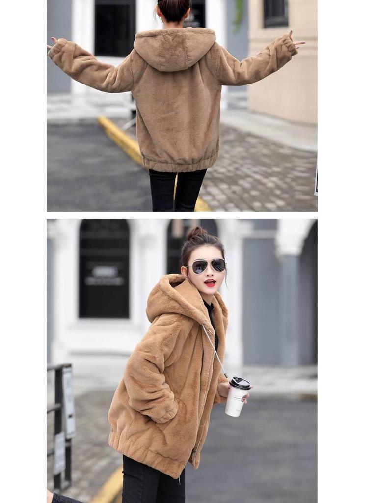 Женская фланелевая куртка средней длины с капюшоном - Корейский стиль, Свободный крой, Плюшевая, Теплая, С длинным рукавом