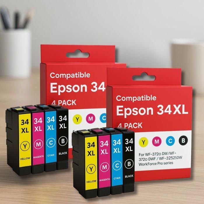 Pack de 8 Cartouches Compatibles EPSON 34XL pour Imprimantes WF 3720DW, 3720DWF, 3725DW & WorkForce Pro 3720DW, 3720DWF, 3725DW