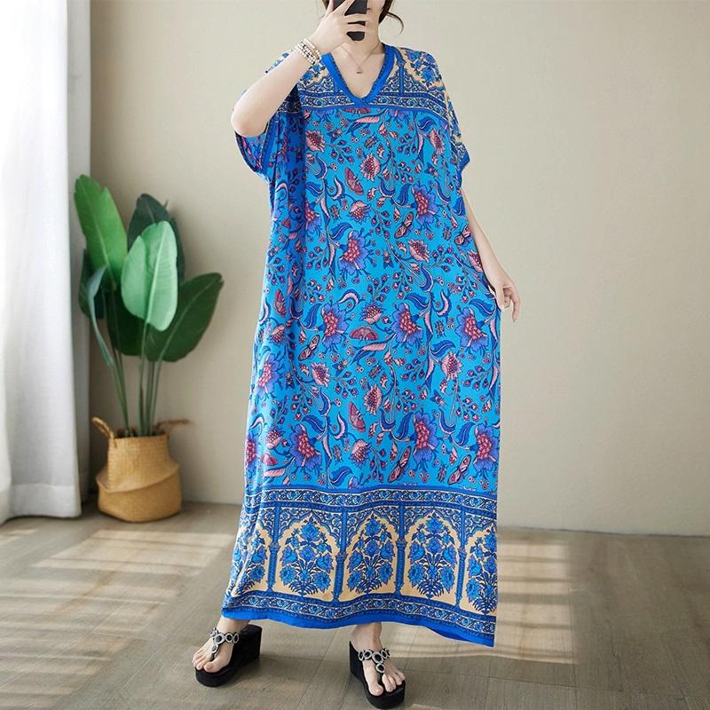 Short Sleeve Plus Size Cotton Satin Vintage Floral New In Dresses for Women Casual Loose Long Summer Dress