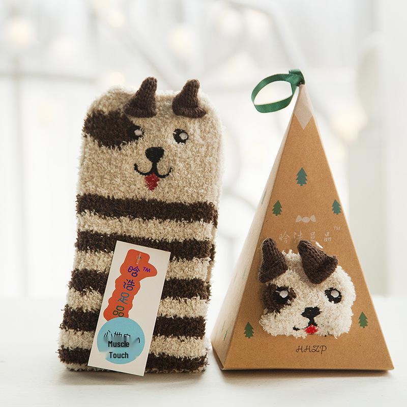 3D Cartoon Coral Fleece Christmas Socks for Adults & Kids, Half-Velvet with Acrylic Ball Design