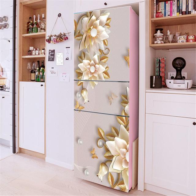 3D Flowers Self Adhesive Refrigerator Wrap Freezer Sticker Art Fridge Door Cover Wallpaper Relief Flower Kitchen Accessories