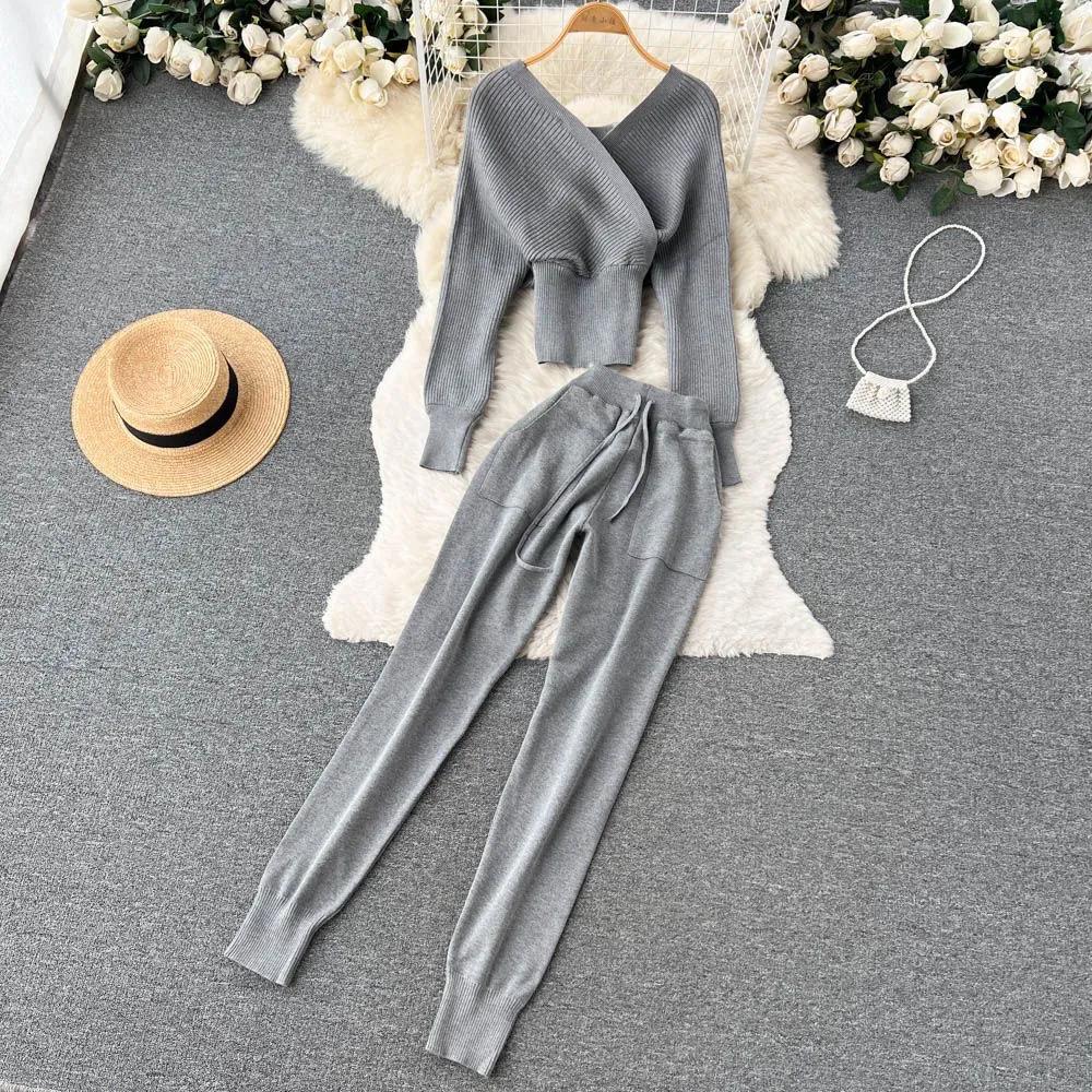 Зима Осень Повседневный трикотажный костюм из двух частей свитер с V-образным вырезом и длинными рукавами и завязанными на талии повседневными длинными брюками Комплекты Женские свитера