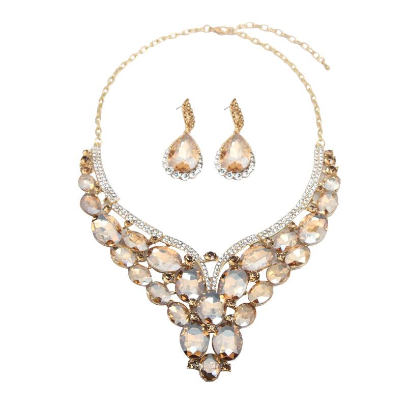Exaggerated Crystal Glass Necklace Earrings Set Dress Banquet Women'S Accessories