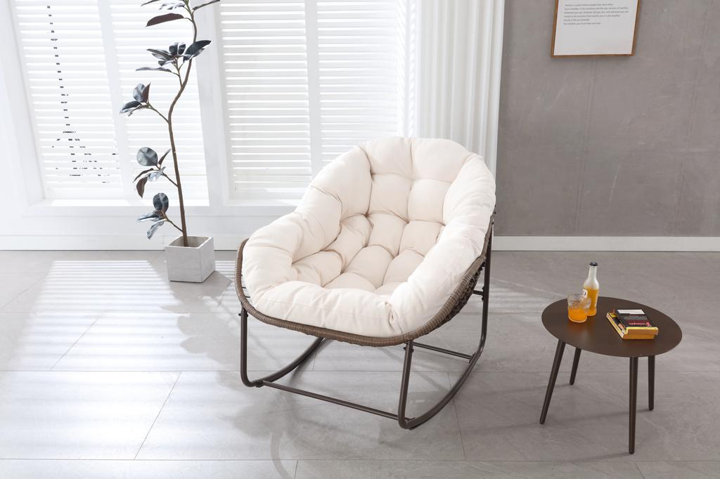 Outdoor Rocking Chair, Patio Oversized Wicker Egg, Indoor & Comfy Rocker with Thick Cushion, Modern Lounge for Balcony, Garden, Backyard, Deck, White