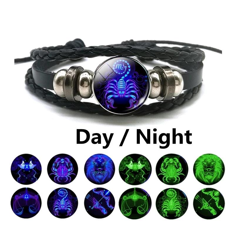 12 Constellation Luminous Weave Leather Bracelet Charm Bracelet Men Women Fashion Multilayer Zodiac Signs Bracelet Birthday Gifts MIT