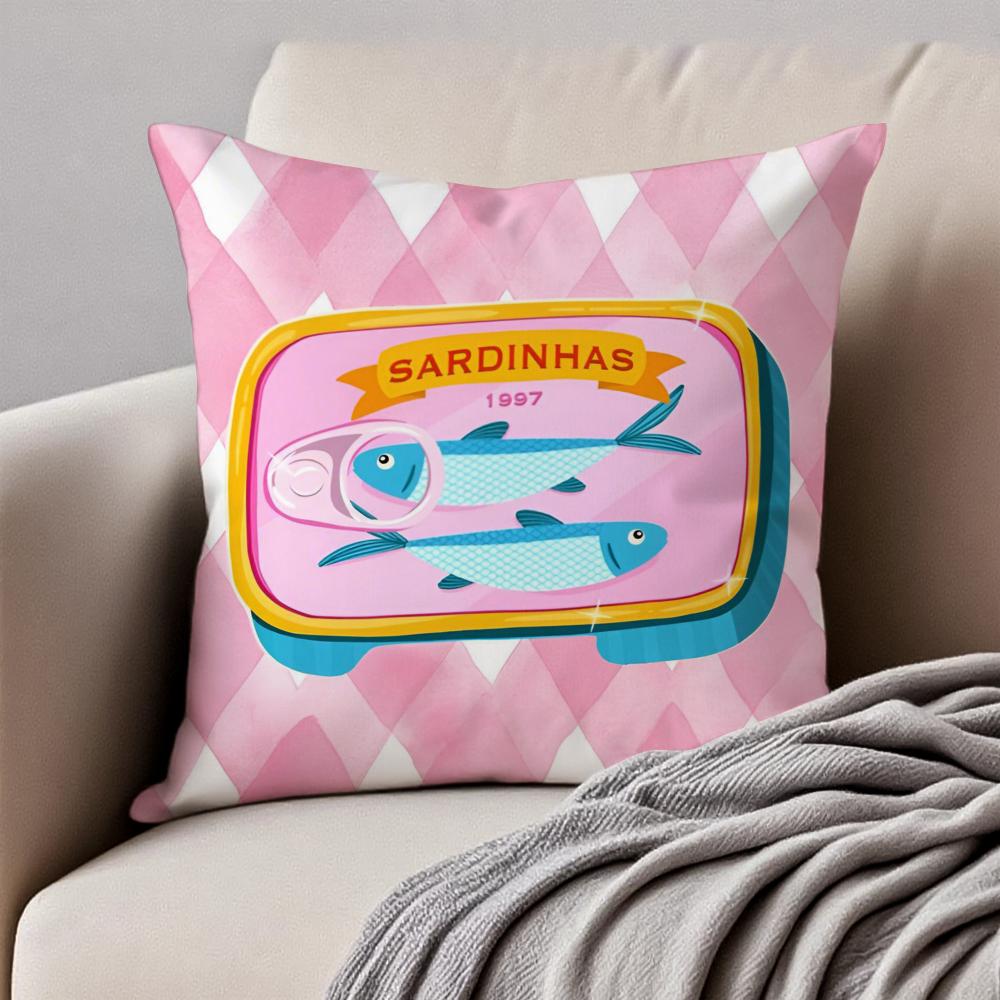 Cute Coastal Charm Sardines Art Design Cushion Cover Pillowcase Antidustmite Invisible Zipper Short Plush Sofa Cushion