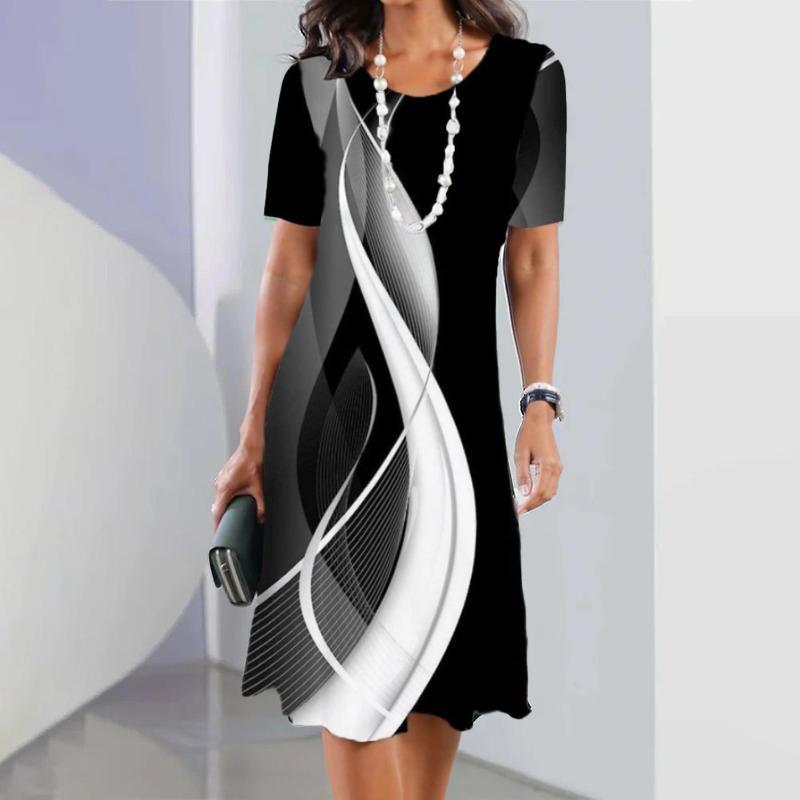 Fashion Womens Loose Flower Print O Neck Short Sleeve Leaves Print Loose Streetwear A-line Dress