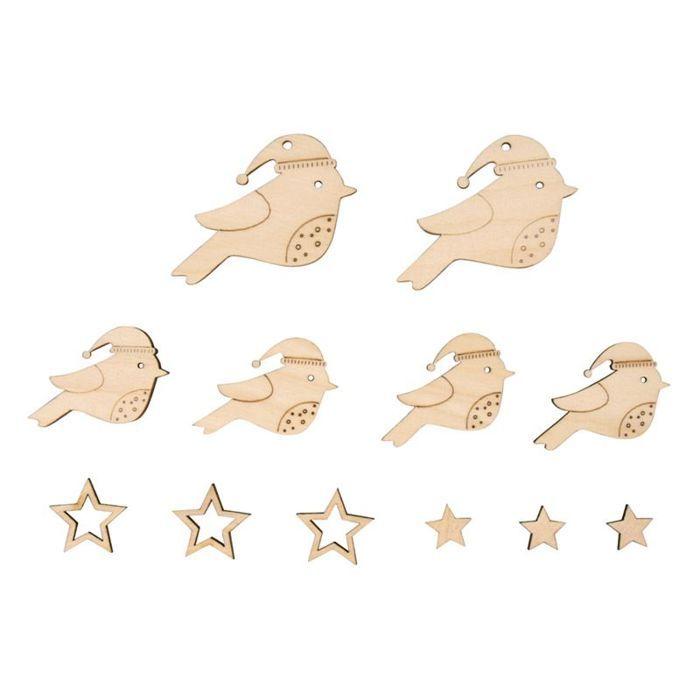 Wooden Hanging Decorations 2.5 To 4.3 Cm - Birds and Stars