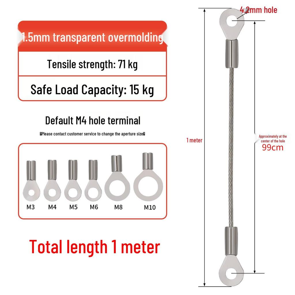 Transparent PVC Coated Stainless Steel Wire Rope with Fish Eye Terminal, 1.5mm~3mm Thick Anti-Fall Lighting Hanging Rope.