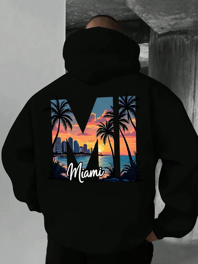 2026 New Unisex Oversized Hoodie Miami Sunset Beach Palm Tree Letter Back Print Streetwear Autumn Winter Pullover Sweatshirt