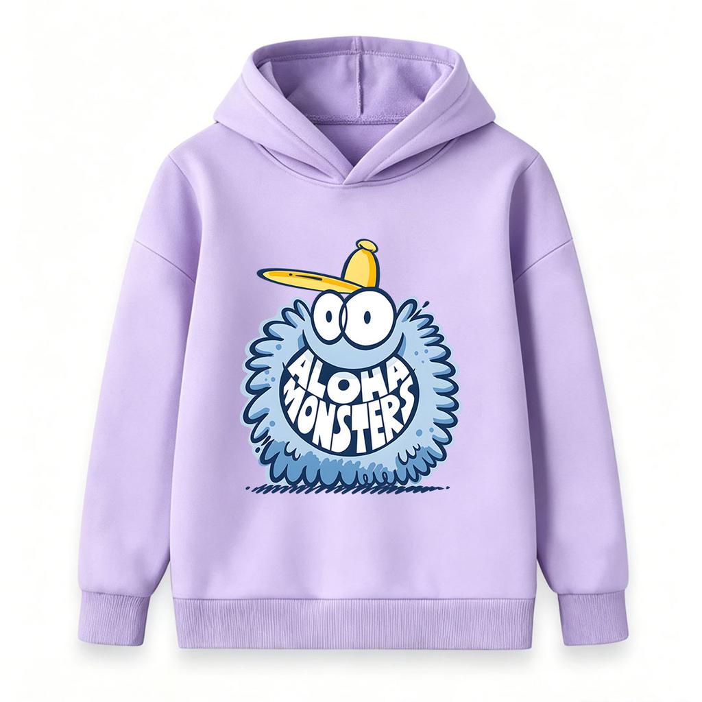 Kids Boys Girls Crewneck Hoodie, Cute Fuzzy Cartoon Monster Aloha Print Casual Long Sleeve Pullover Sweatshirt, Cozy Lightweight Tops For