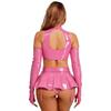 Women Glossy Faux Leather Clubwear Cold Shoulder Long Sleeve Backless Crop Top with Ruffled Skirt Built-in Thongs Garter for Party