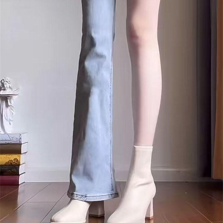 Giant Skinny! Skinny Boots~ Thick Heel White Ankle Boots Women's French Short Boots Square Head High Heel Elastic Boots Women's