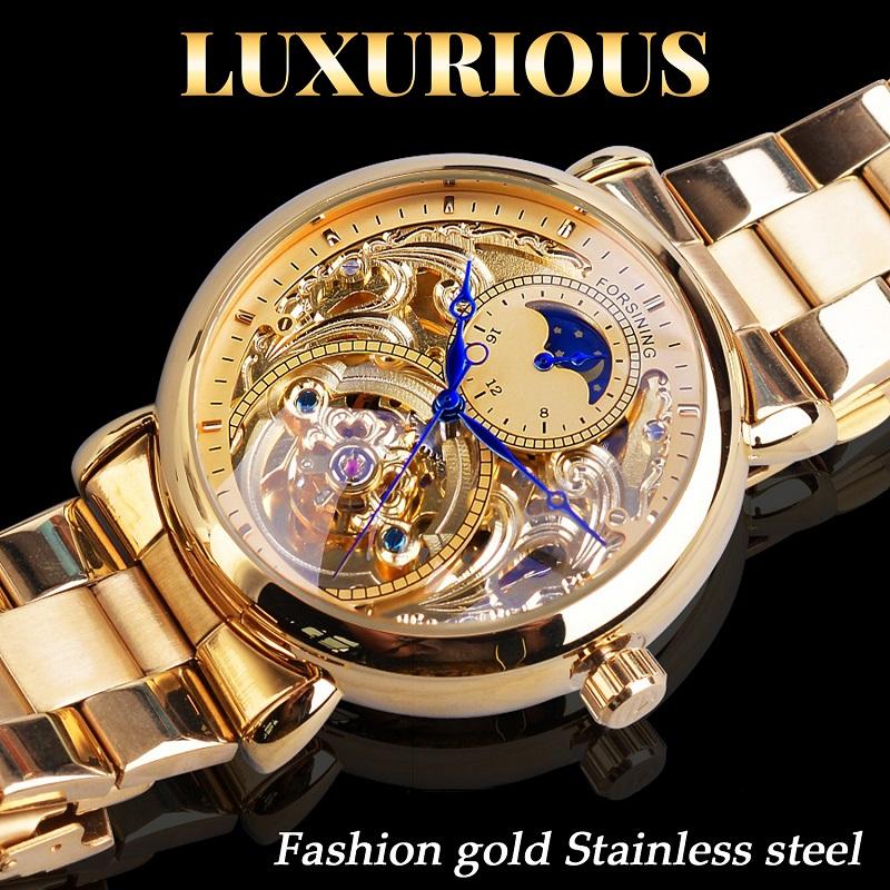 Forsining Мужская мода, отдых, полая луна и механические часы с полой поверхностью