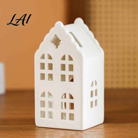 Handmade White Ceramic Ornament House Shape Candle Holder Hollow Tea Light Holder Decor Ornament Artistic Miniature Figurine for Christmas