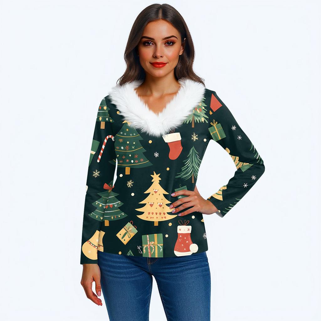 Женская футболка с рождественским принтом, вечерние рубашки с длинным рукавом, рождественский флисовый воротник, топ с v-образным вырезом