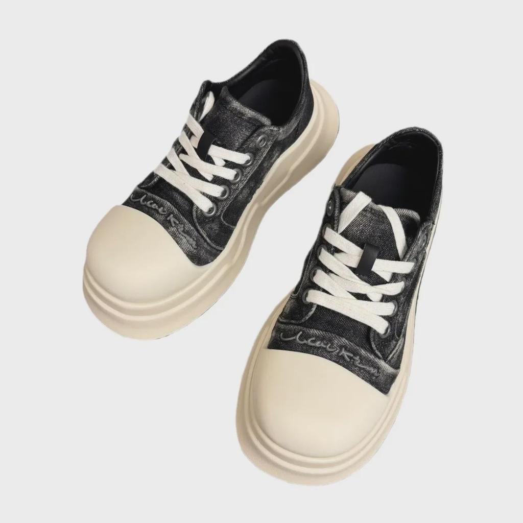 Черные и белые туфли Mickey Canvas для женщин - весна/лето 2024 г. Толстая подошва, увеличивающая рост, уродливо-милые спортивные повседневные туфли