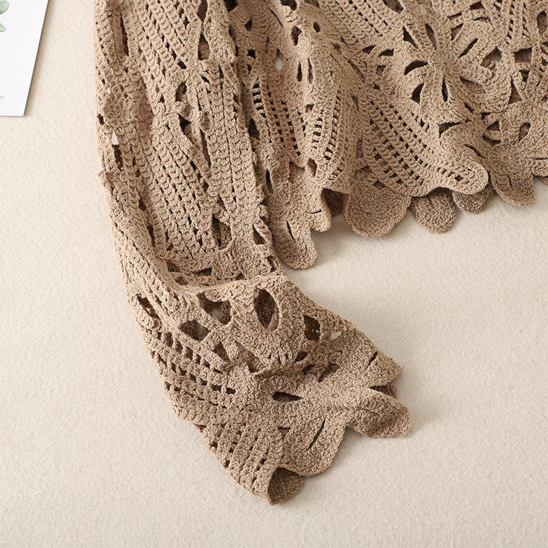 2024 Plus Size French Crochet Hollow Knit Long Sleeve Cardigan for Women - Retro Autumn Sweater Top