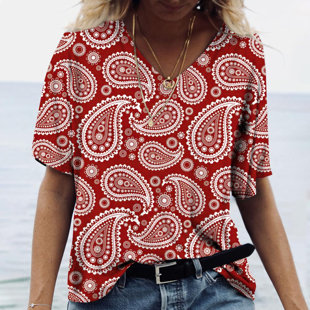 Винтажный принт топ женский с коротким рукавом уличная летняя футболка женская мода повседневная футболка с V-образным вырезом женская одежда больших размеров