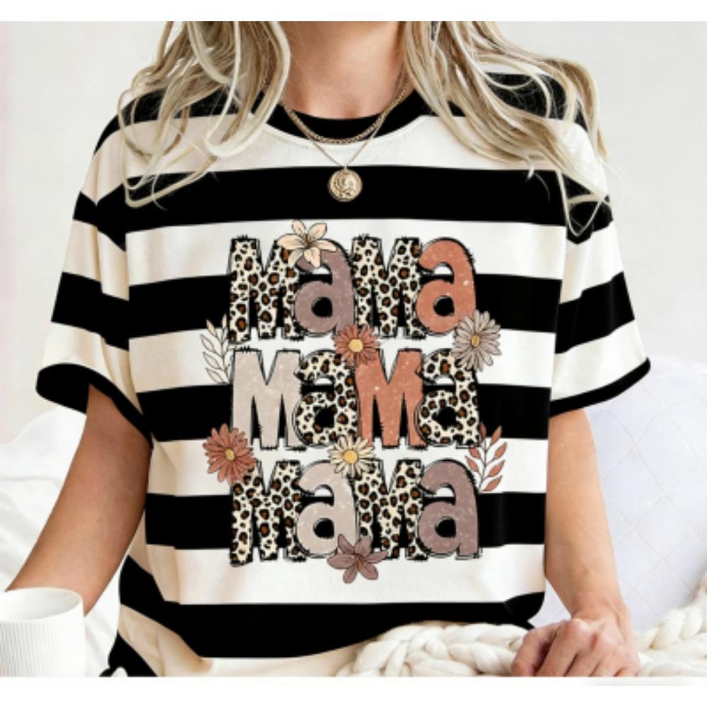 Fashion Funny Stripe Leopard Mama Print Kids Short Sleeves T-Shirt Loose Casual Summer Outdoor Street Boy and Girl Tees Tops