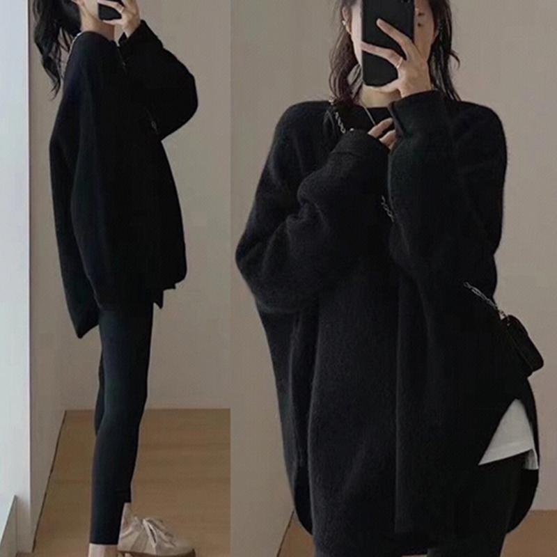 Женский осенне-зимний длинный пуловер, свитер с круглым вырезом и длинными рукавами, свободная вязаная нижняя рубашка, однотонный топ