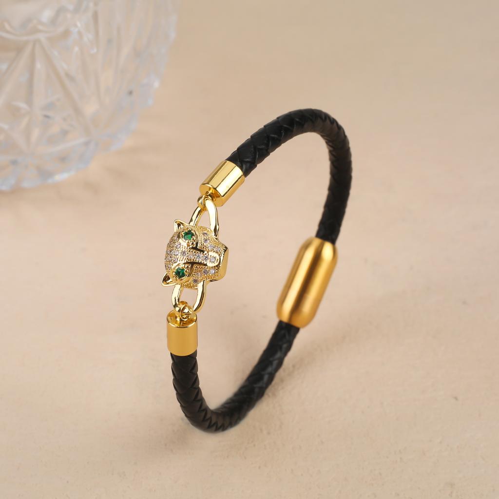 Bully Animal Style Leopard Head Braided Leather Rope Bracelet Fashion for Man Woman Stainless Steel Zirconia Zircon Daily Wear