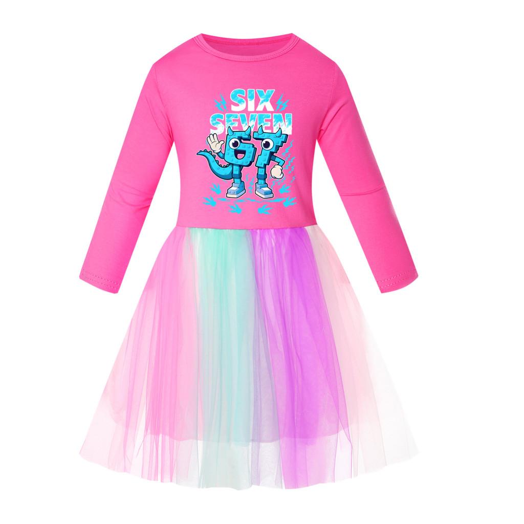 5192 Детское Платье для Девочек Украсть Мозговую Гниль 67 Шесть Семь Принт Сетка Радуга Круглый Вырез Повседневное Повседневное Хлопковое Платье