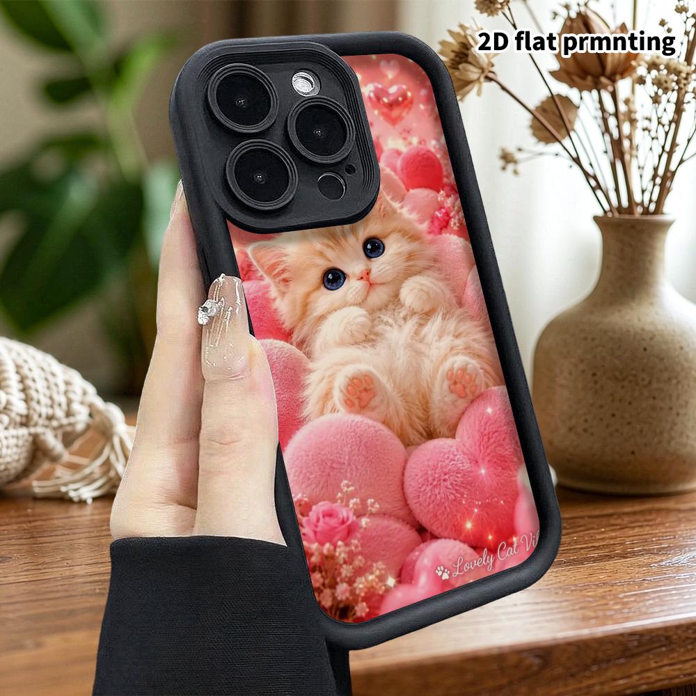 Phone case: 2D flat design suitable for iPhone 18 17 16 15 14 13 Pro tiered protective case, light orange kitten, Christmas and Halloween gift