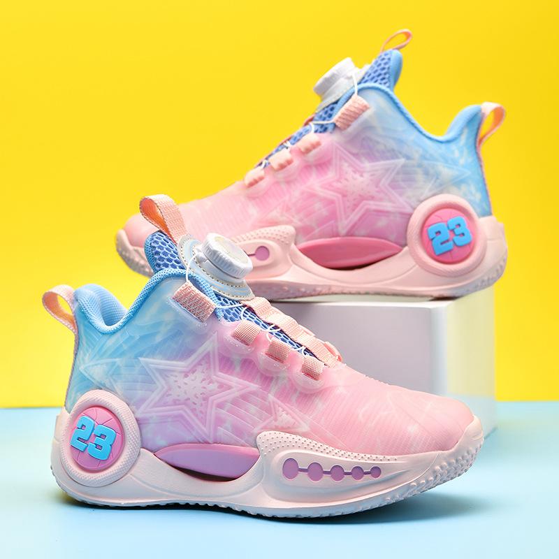 Новые кроссовки для девочек, амортизирующие, одноклассники, мальчики, вращающаяся пряжка, светящиеся, модные, повседневные, спортивные, детские баскетбольные кроссовки