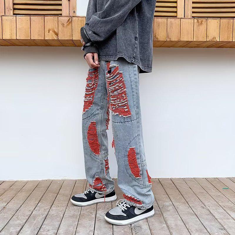 Hip-Hop Ripped Embroidered Jeans - Loose Fit, Trendy Niche Design