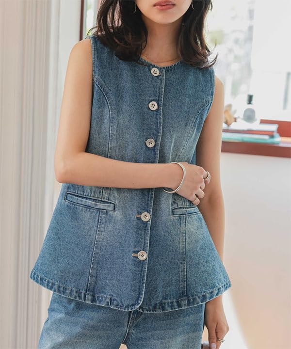 Kobe Lettuce Denim Lightweight Flared Vest Size Blue Women's Vest, Sleeveless, Outerwear, Spring/Summer Top, [C7472], M,