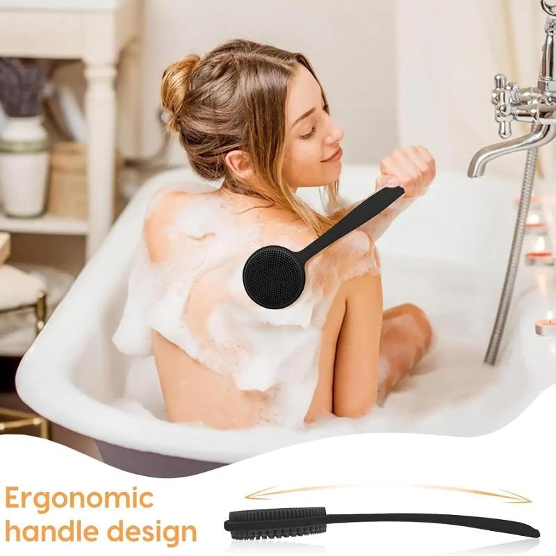 Silicone Back Scrubber for Shower 15in Long Handle Body Brush 2-Sided Exfoliating & Massage Brush Creates Rich Foam Long Handle Back Scrubber for