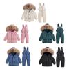 Winter Kids Hooded Coat And Overalls Two-Piece Set Warm Solid Color Children's Clothing Set
