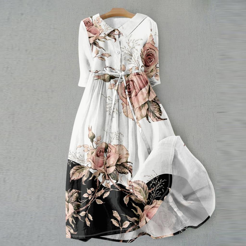 Women's Fashion Vintage Floral Print Lapel Button Three Quarter Sleeves Strappy Dress