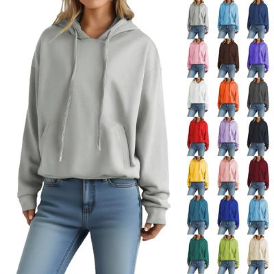 Женский свободный пуловер с длинными рукавами, кулиской и карманом, худи с капюшоном, однотонный