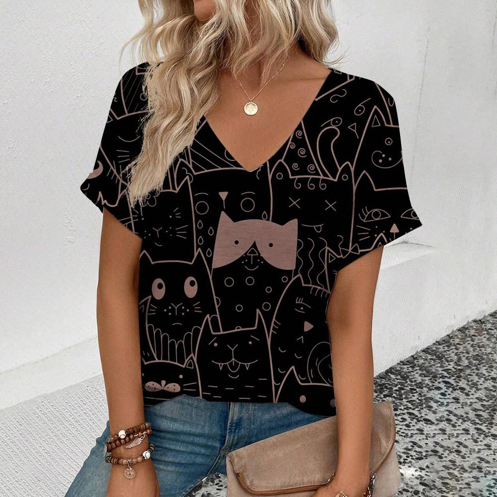 2025 Большой размер короткий рукав популярная женская футболка с V-образным вырезом красивый дизайн с принтом кота футболки Sense Of New Summer