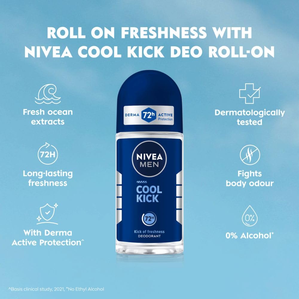 Nivea Мужской дезодорант-ролик для подмышек, Cool Kick | Защита от пота на 72 часа | Длительная свежесть | 50 мл