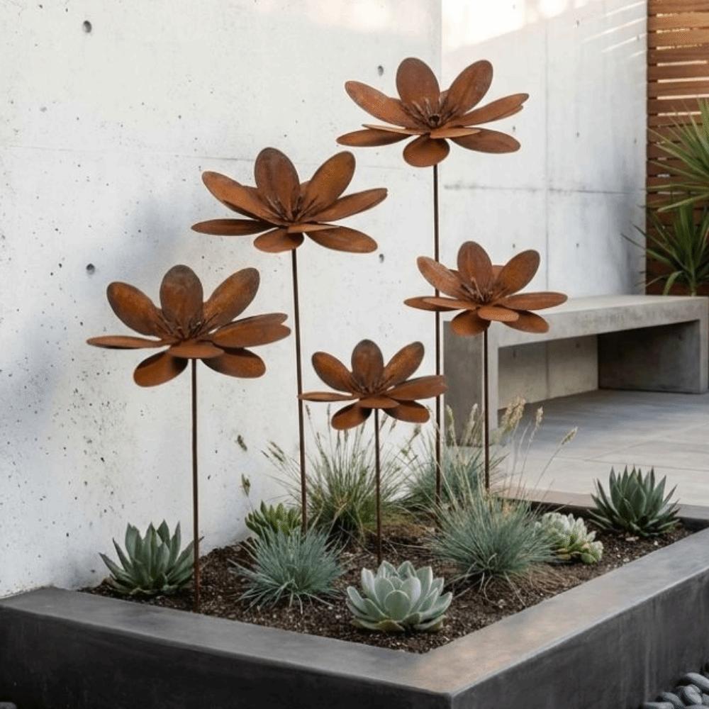 Cast Iron Flower Garden Stake Weathered Rust Finish Flower Yard Art Decor Rustic Plant Stakes Yard