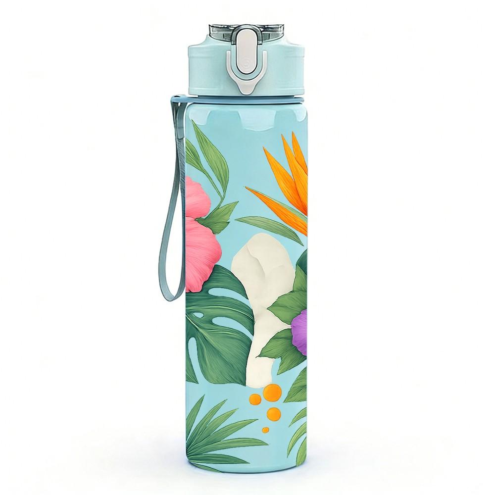 1PC Tropical Hibiscus Mixed Flower Print 750ml Color Plastic Sports Water Bottle Leakproof Flip Straw Lid Suitable for Sports Office Home Use