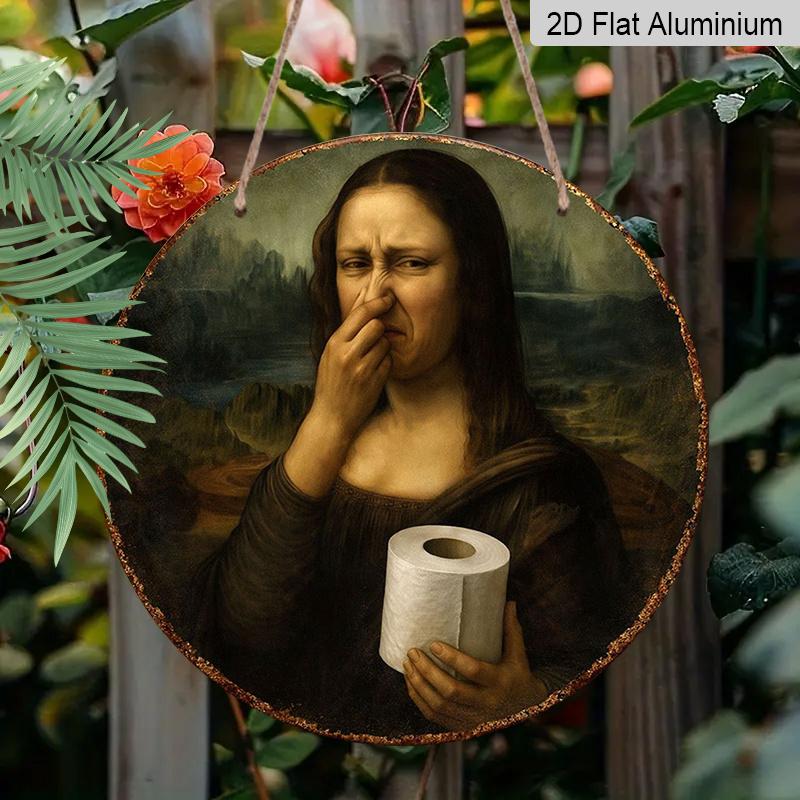 2D Flat, 1pc Funny Mona Lisa Covering Nose Restroom Aluminum Sign - Vintage Bathroom Wall Decor, Waterproof Rust-Proof Wall Plaque, Suitable for