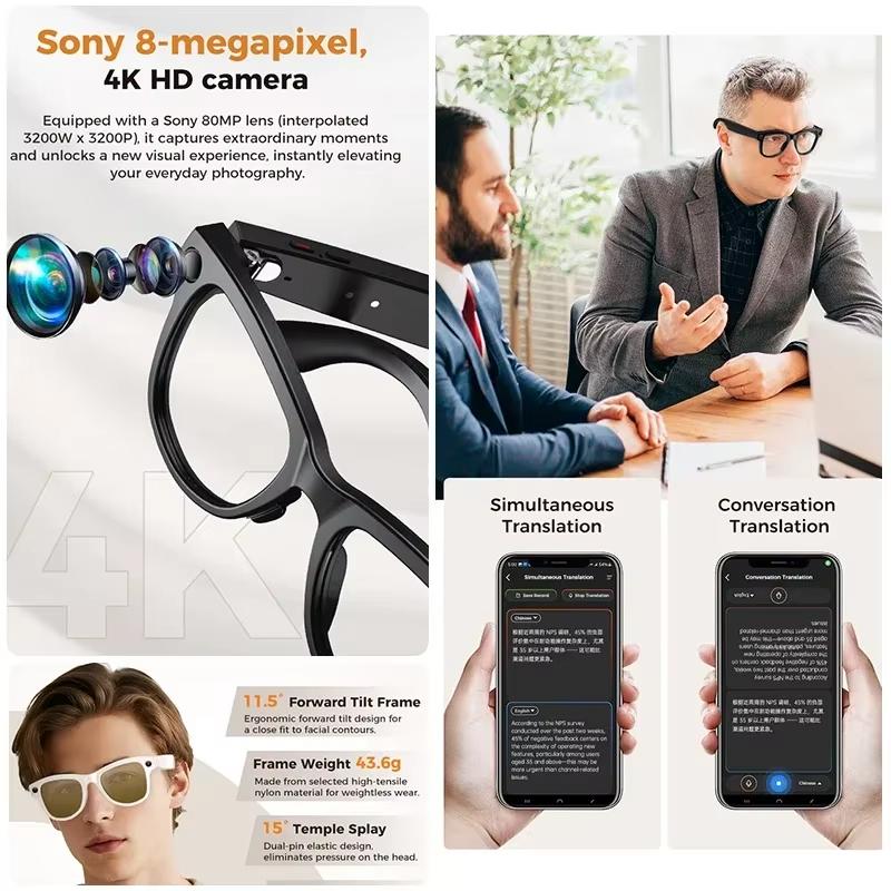 New AI smart glasses with color changing lenses for photography video recording 3600mAh charging case 4K high definition lens Translate Music Playback