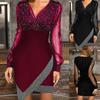 New Mesh Sequin Patchwork Sexy V-neck Elegant Long Sleeved Dress for Women